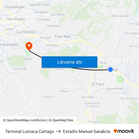 Terminal Lumaca Cartago to Estadio Manuel Sanabria map