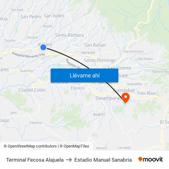 Terminal Fecosa Alajuela to Estadio Manuel Sanabria map