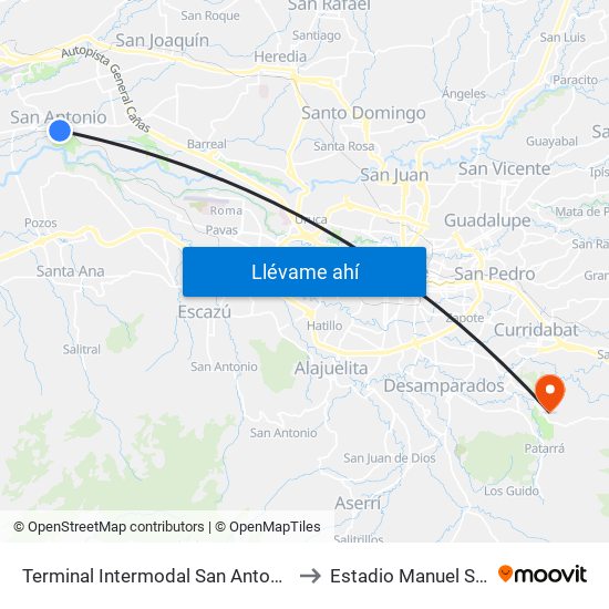 Terminal Intermodal San Antonio De Belén to Estadio Manuel Sanabria map