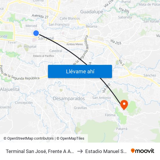 Terminal San José, Frente A Avalúos Ins to Estadio Manuel Sanabria map