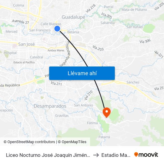 Liceo Nocturno José Joaquín Jiménez Nuñez, Guadalupe Goicoechea to Estadio Manuel Sanabria map