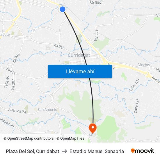 Plaza Del Sol, Curridabat to Estadio Manuel Sanabria map
