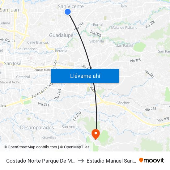 Costado Norte Parque De Moravia to Estadio Manuel Sanabria map