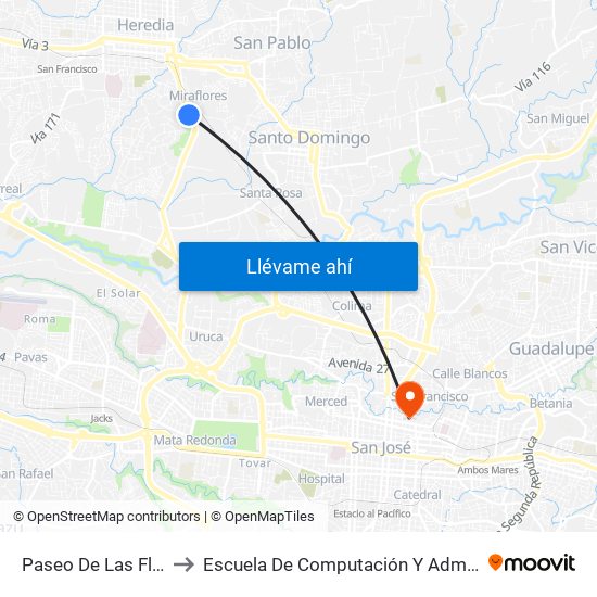 Paseo De Las Flores, Heredia to Escuela De Computación Y Administración De Empresas map