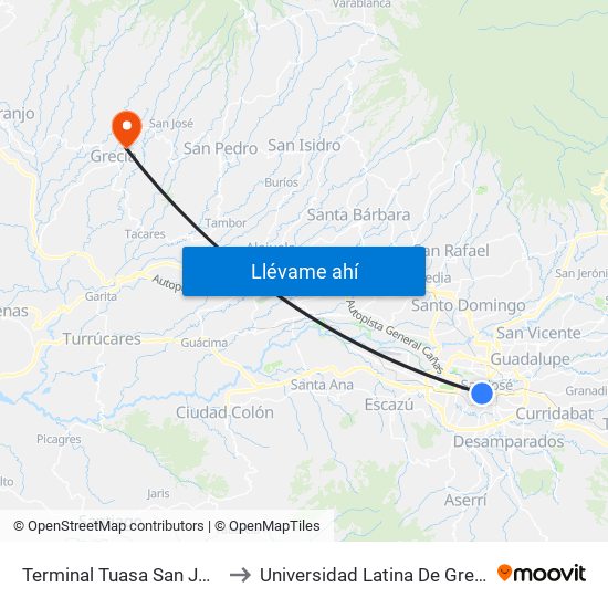 Terminal Tuasa San José to Universidad Latina De Grecia map