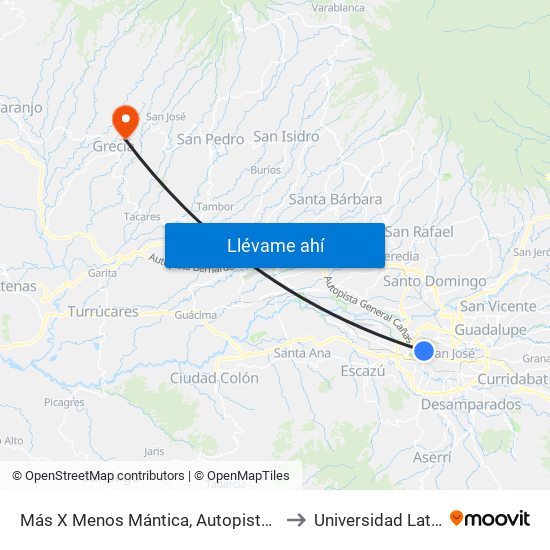 Más X Menos Mántica, Autopista General Cañas San José to Universidad Latina De Grecia map