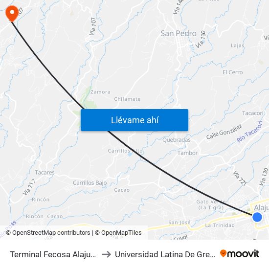 Terminal Fecosa Alajuela to Universidad Latina De Grecia map