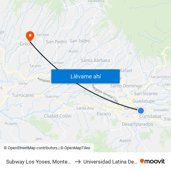 Subway Los Yoses, Montes De Oca to Universidad Latina De Grecia map