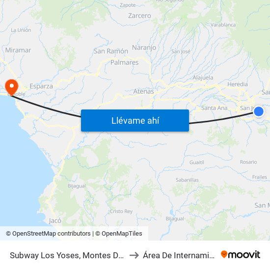 Subway Los Yoses, Montes De Oca to Área De Internamiento map