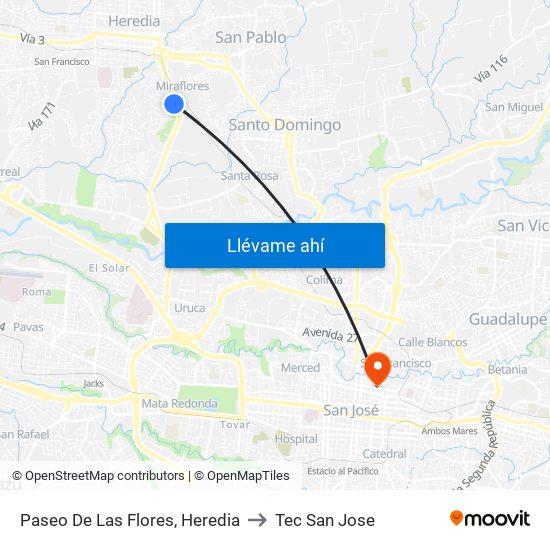 Paseo De Las Flores, Heredia to Tec San Jose map