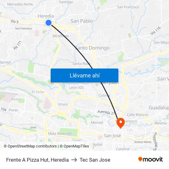 Frente A Pizza Hut, Heredia to Tec San Jose map