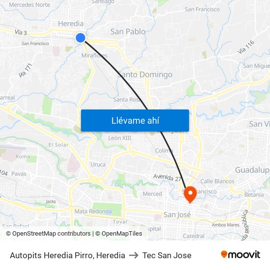 Autopits Heredia Pirro, Heredia to Tec San Jose map