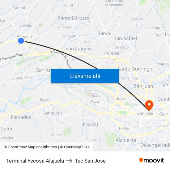 Terminal Fecosa Alajuela to Tec San Jose map