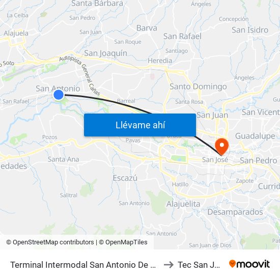 Terminal Intermodal San Antonio De Belén to Tec San Jose map