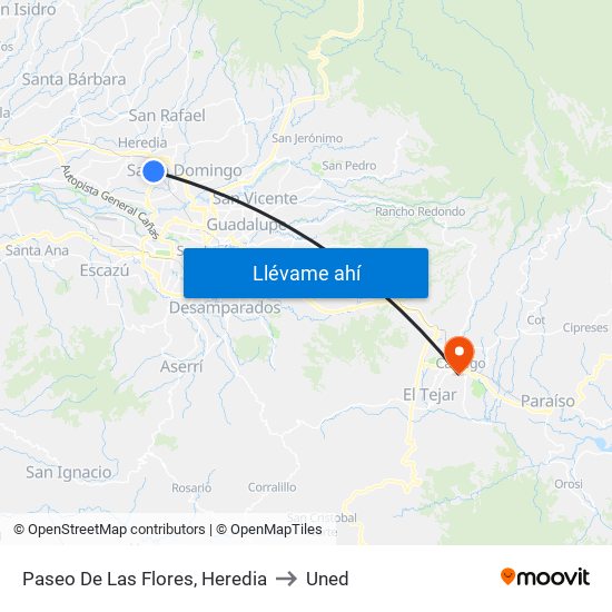 Paseo De Las Flores, Heredia to Uned map