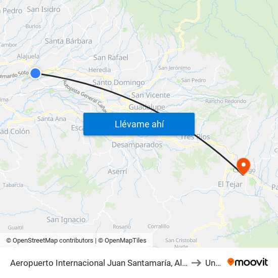 Aeropuerto Internacional Juan Santamaría, Alajuela to Uned map