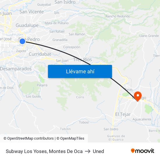 Subway Los Yoses, Montes De Oca to Uned map