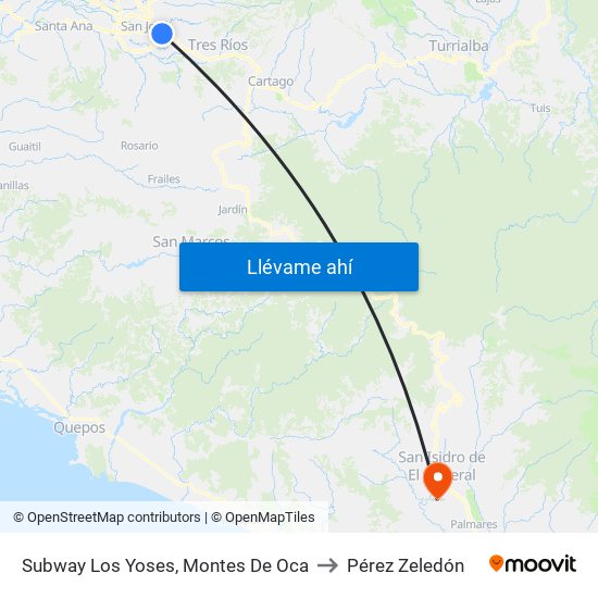 Subway Los Yoses, Montes De Oca to Pérez Zeledón map