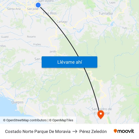 Costado Norte Parque De Moravia to Pérez Zeledón map