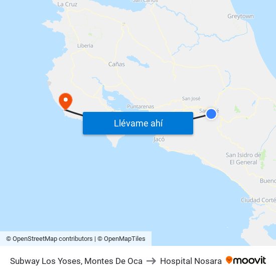 Subway Los Yoses, Montes De Oca to Hospital Nosara map