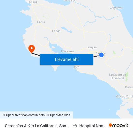 Cercanías A Kfc La California, San José to Hospital Nosara map