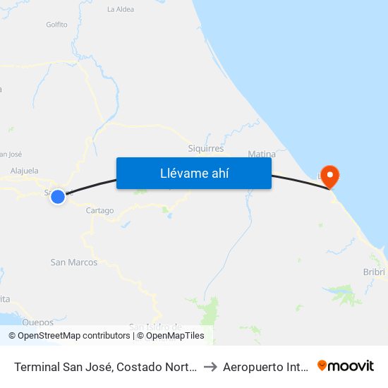 Terminal San José, Costado Norte Iglesia Nuestra Señora De La Merced to Aeropuerto Internacional de Limón map
