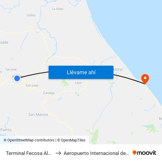 Terminal Fecosa Alajuela to Aeropuerto Internacional de Limón map