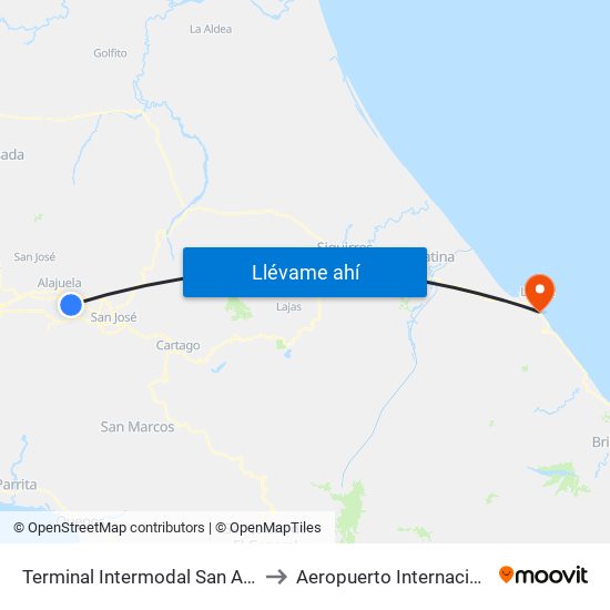 Terminal Intermodal San Antonio De Belén to Aeropuerto Internacional de Limón map