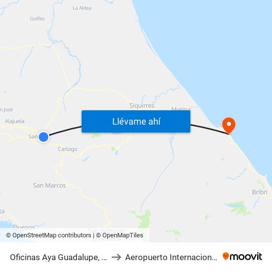 Oficinas Aya Guadalupe, Goicoechea to Aeropuerto Internacional de Limón map