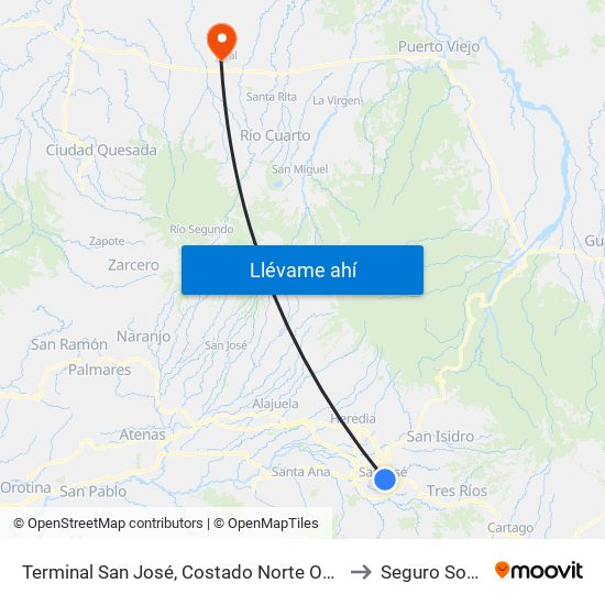 Terminal San José, Costado Norte Oficinas Ministerio De Hacienda to Seguro Social de Pital map