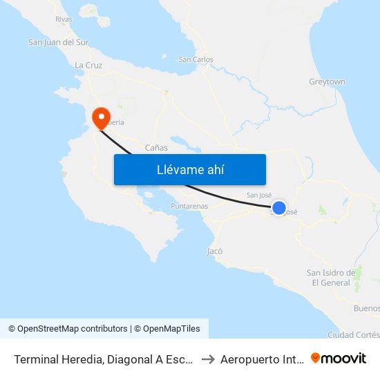 Terminal Heredia, Diagonal A Escuela Braulio Morales Cervantes to Aeropuerto Intl Daniel Oduber map