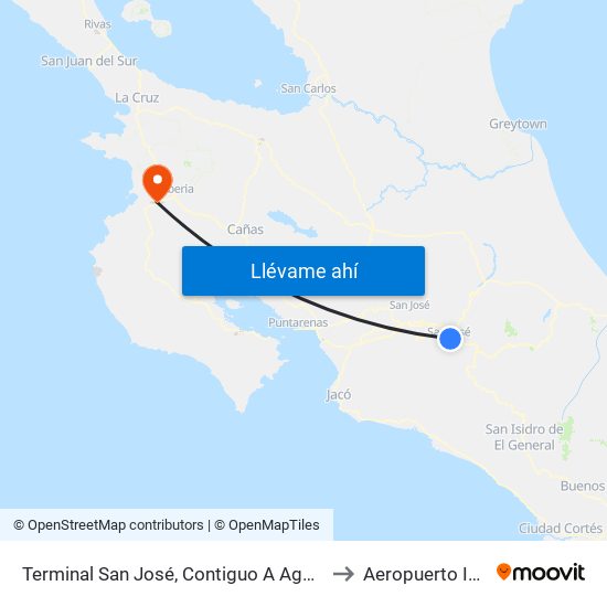 Terminal San José, Contiguo A Agencia Western Union Avenida Segunda to Aeropuerto Intl Daniel Oduber map