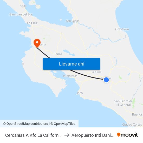 Cercanías A Kfc La California, San José to Aeropuerto Intl Daniel Oduber map