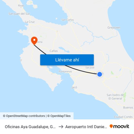 Oficinas Aya Guadalupe, Goicoechea to Aeropuerto Intl Daniel Oduber map