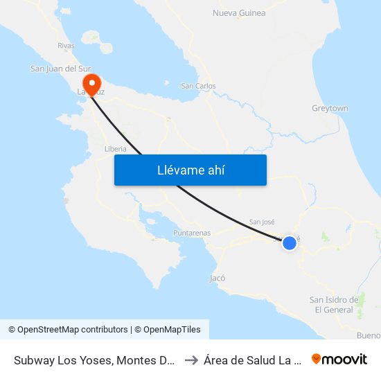 Subway Los Yoses, Montes De Oca to Área de Salud La Cruz map