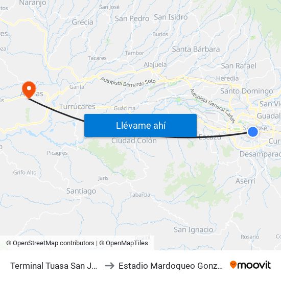 Terminal Tuasa San José to Estadio Mardoqueo González map