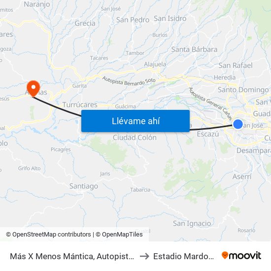 Más X Menos Mántica, Autopista General Cañas San José to Estadio Mardoqueo González map