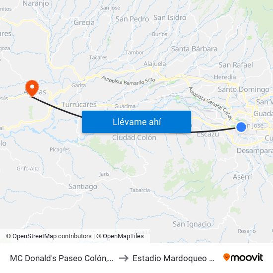 MC Donald's Paseo Colón, San José to Estadio Mardoqueo González map