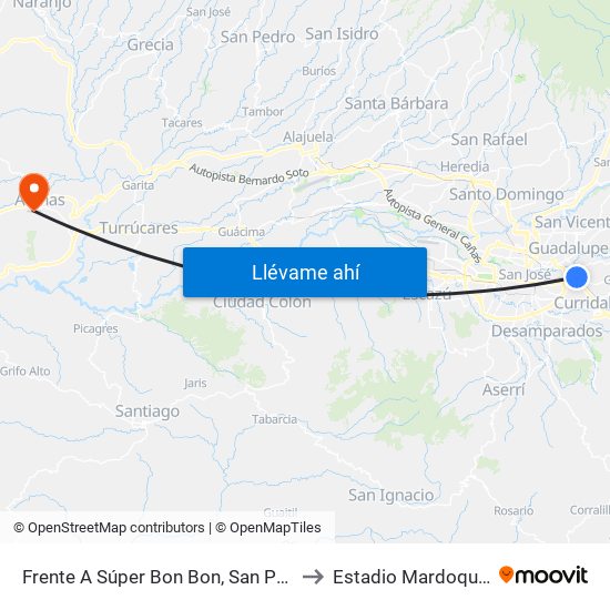 Frente A Súper Bon Bon, San Pedro Montes De Oca to Estadio Mardoqueo González map