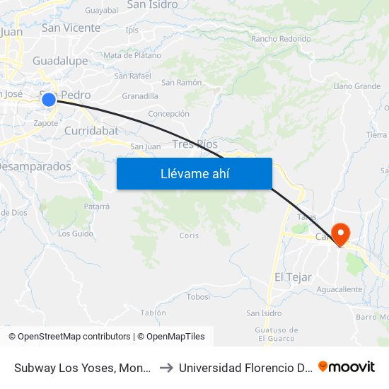 Subway Los Yoses, Montes De Oca to Universidad Florencio Del Castillo map