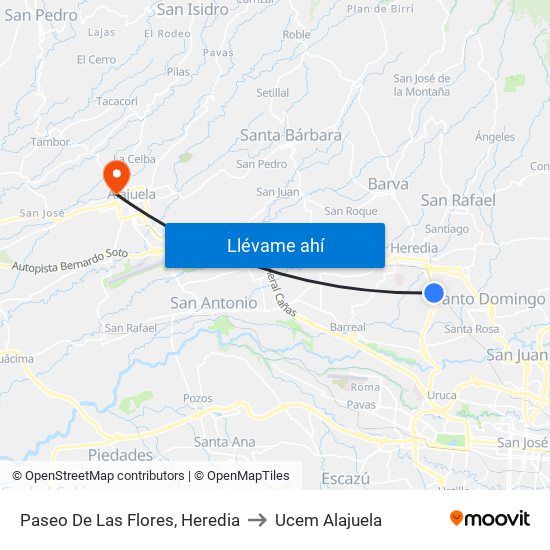 Paseo De Las Flores, Heredia to Ucem Alajuela map