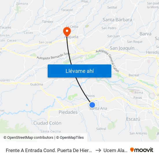 Frente A Entrada Cond. Puerta De Hierro, Santa Ana to Ucem Alajuela map