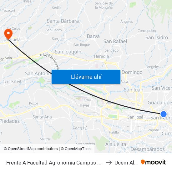 Frente A Facultad Agronomía Campus Ucr, Montes De Oca to Ucem Alajuela map