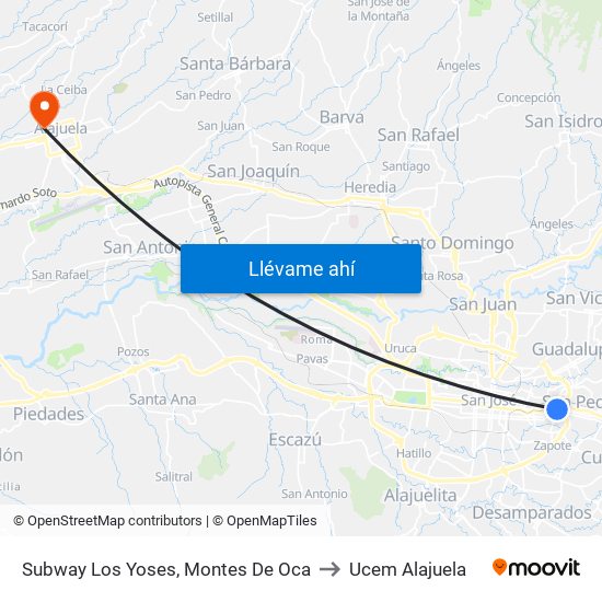 Subway Los Yoses, Montes De Oca to Ucem Alajuela map