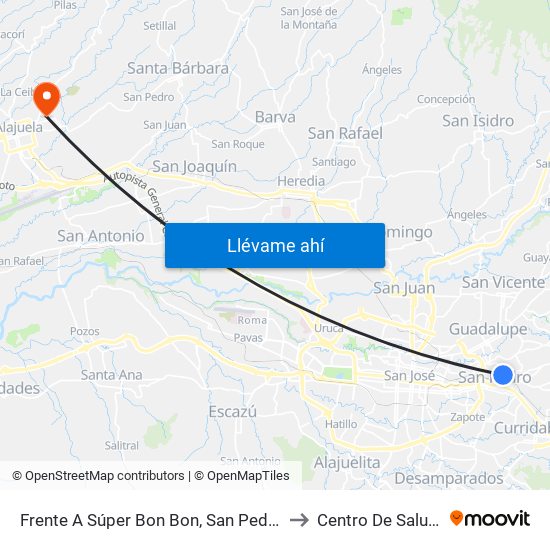 Frente A Súper Bon Bon, San Pedro Montes De Oca to Centro De Salud Alajuela map