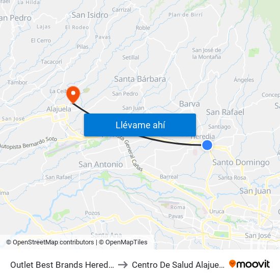 Outlet Best Brands Heredia to Centro De Salud Alajuela map
