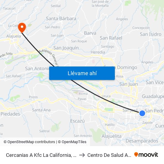 Cercanías A Kfc La California, San José to Centro De Salud Alajuela map
