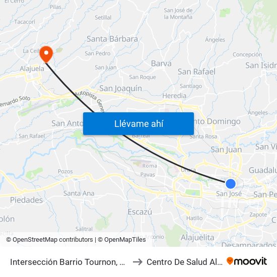 Intersección Barrio Tournon, San José to Centro De Salud Alajuela map