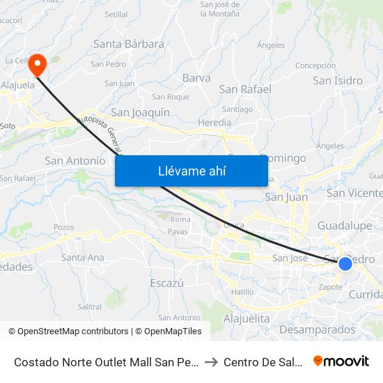 Costado Norte Outlet Mall San Pedro, Montes De Oca to Centro De Salud Alajuela map