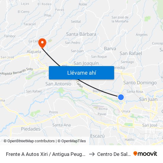 Frente A Autos Xiri / Antigua Peugeot, La Valencia Heredia to Centro De Salud Alajuela map